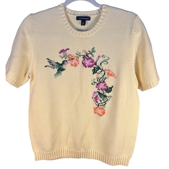 Lands' End Sweaters - Lands End Womens Medium 10/12 Yellow Knit Sweater Floral & Hummingbird Granny